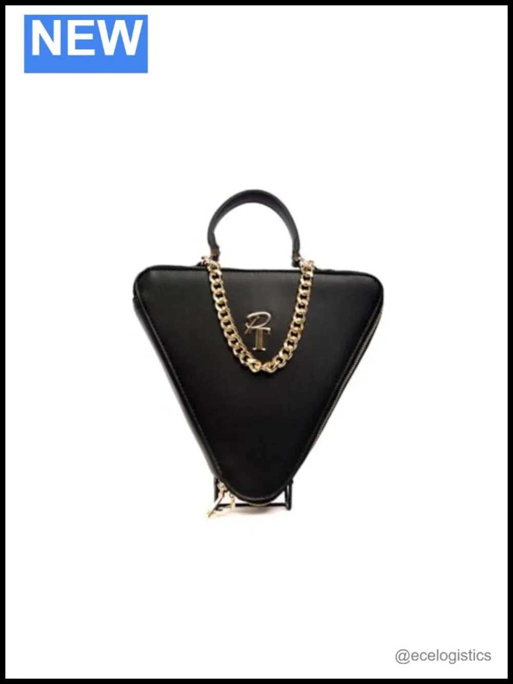 Pink Triangle Modern Vegan Leather Clutch Evening Bag with Gold Chain